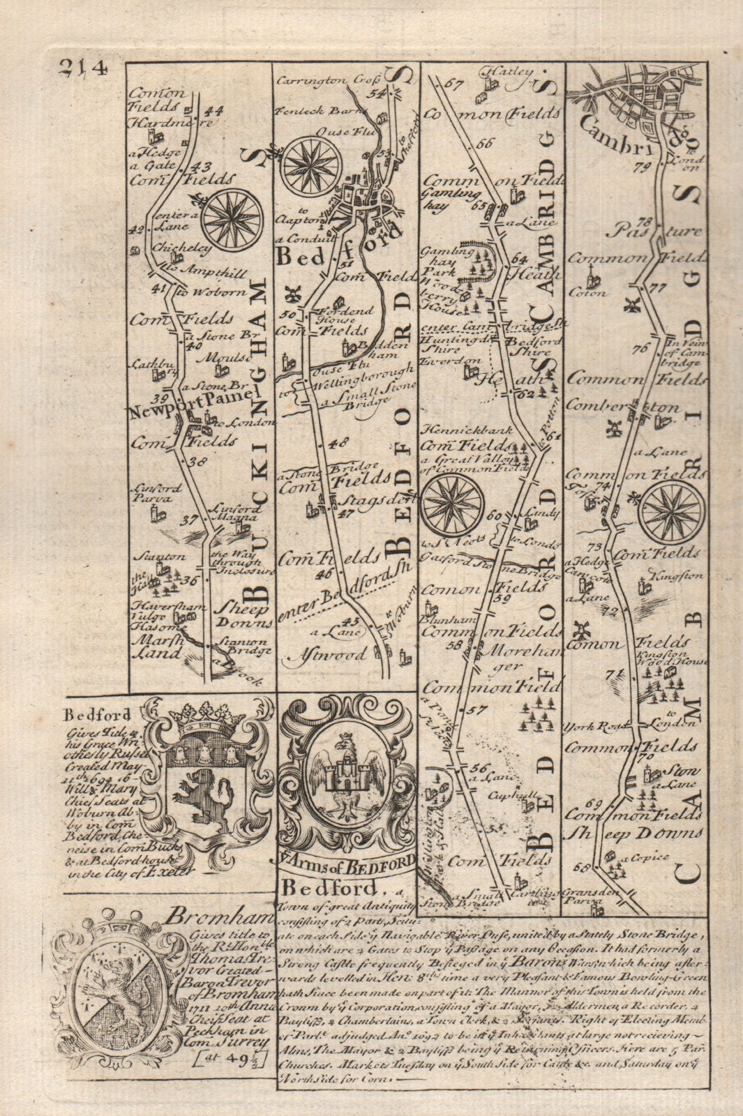 Newport Pagnell-Bedford-Cambridge road strip map by J. OWEN & E. BOWEN 1753